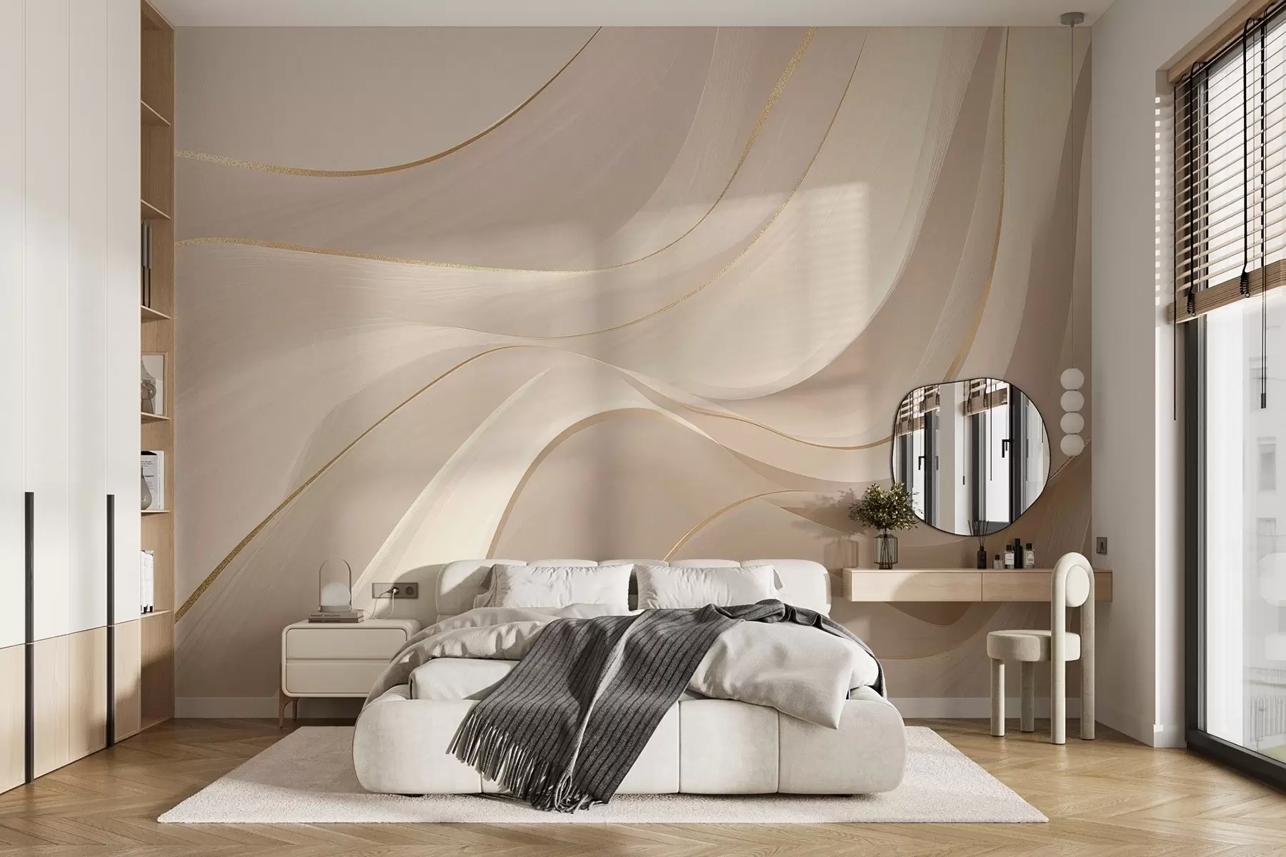 Fotobehang Vloeiende golven met gele accenten in crèmekleurig licht w09303