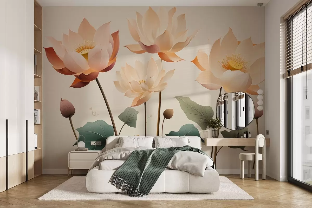 Fotobehang Elegante lotusbloemen in een zacht pastelpalet w09306