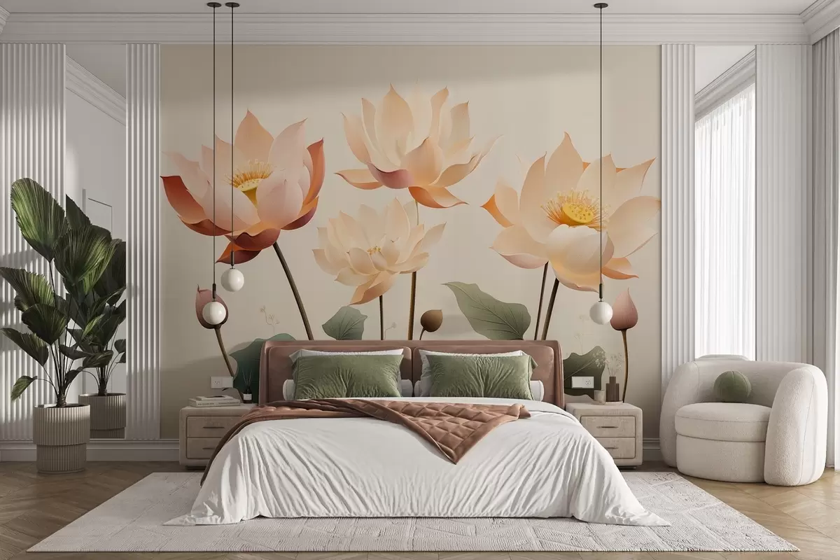 Fotobehang Elegante lotusbloemen in een zacht pastelpalet w09306