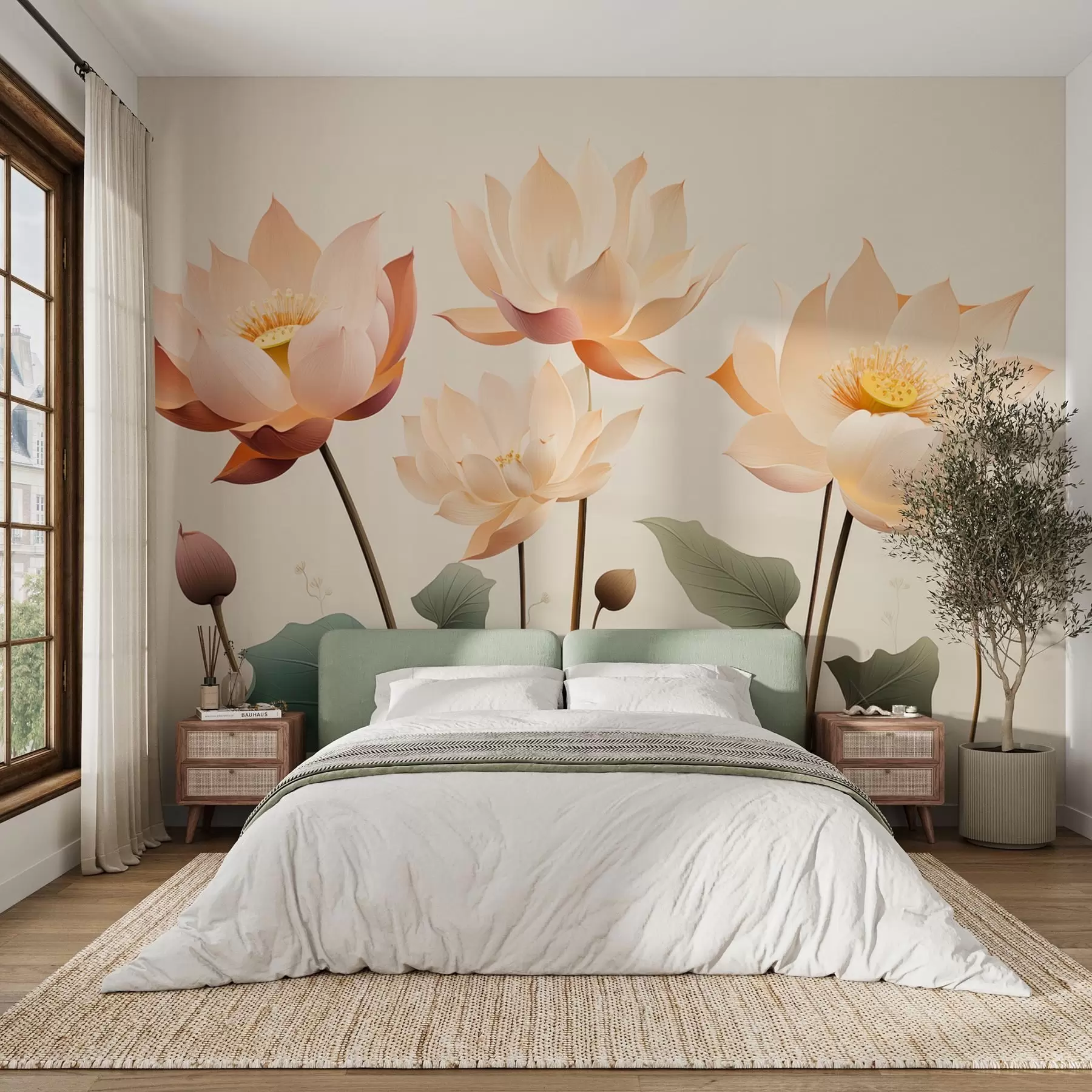 Fotobehang Elegante lotusbloemen in een zacht pastelpalet w09306