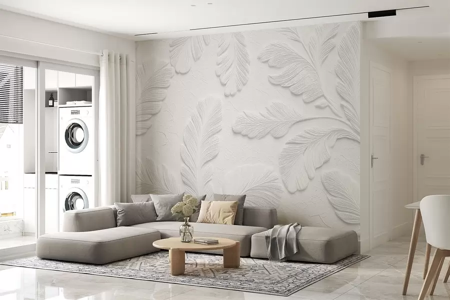 Fotobehang Reliëfblaadjes in grijs met een gebarsten textuureffect w09309v1