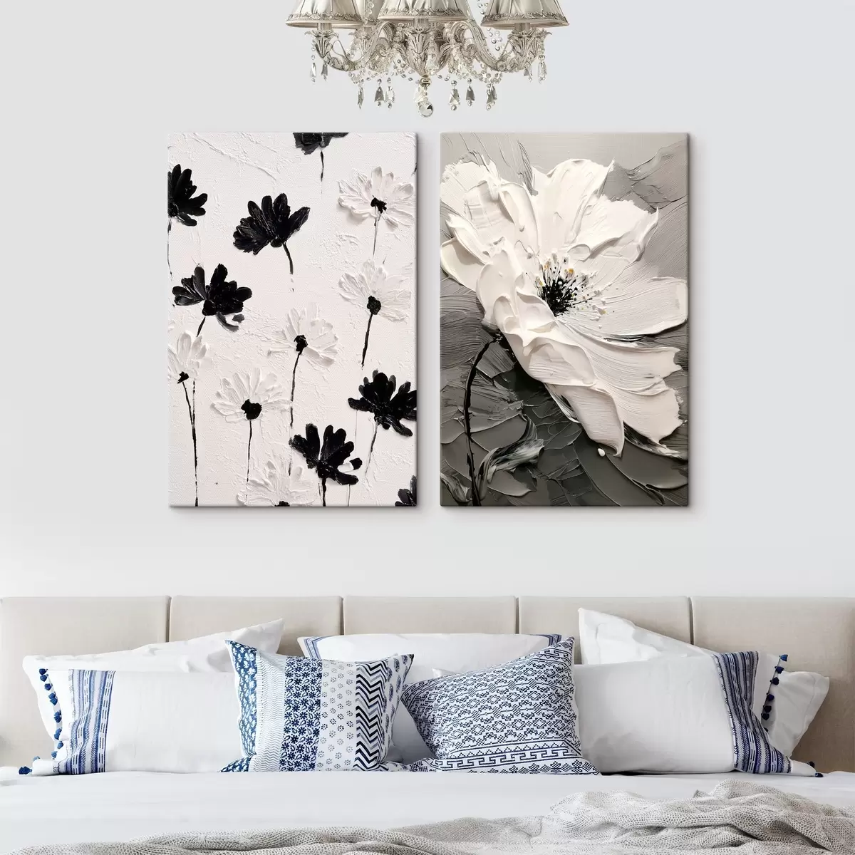  Schilderijen Tweeluik met witte en zwarte bloemen in een moderne stijl m00571
