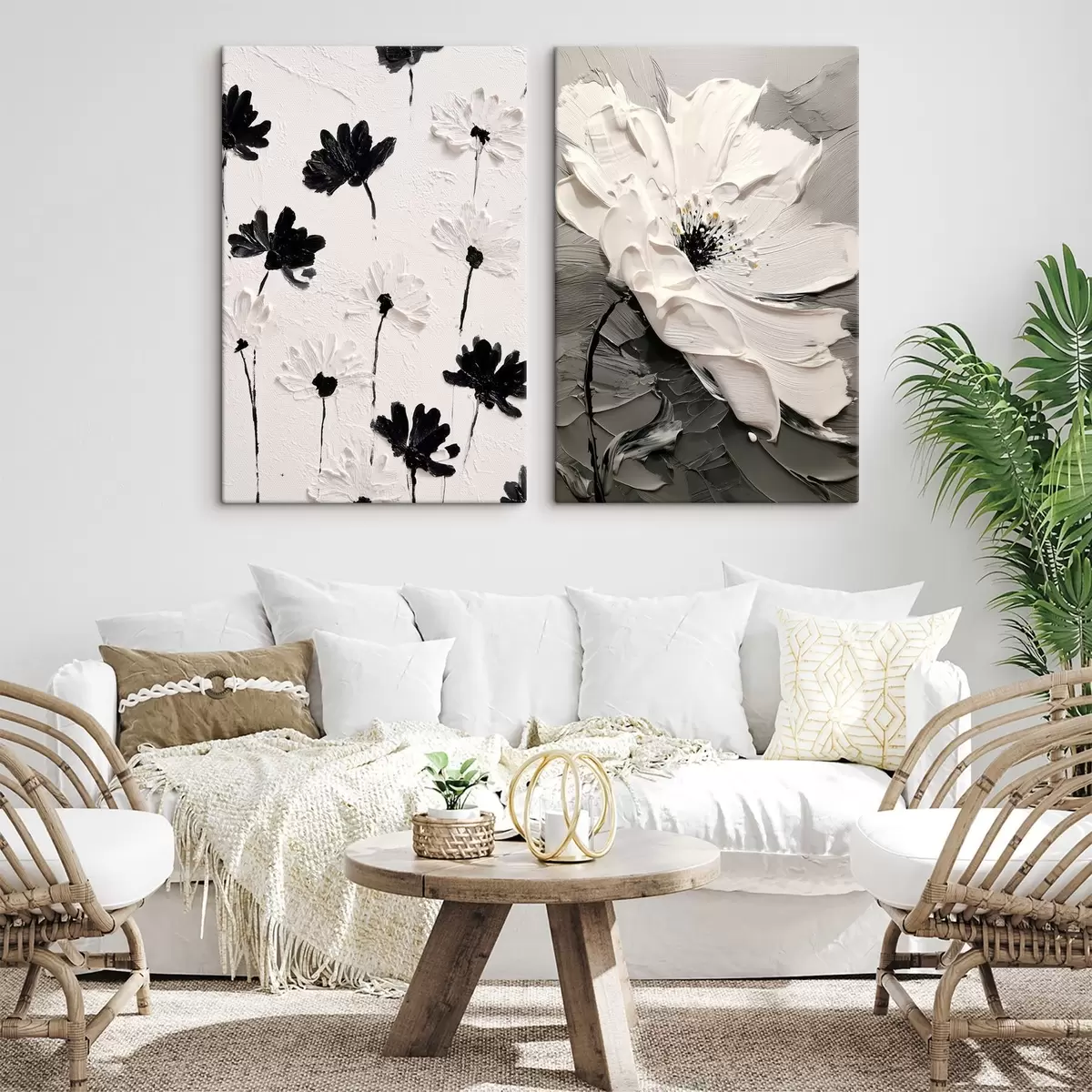  Schilderijen Tweeluik met witte en zwarte bloemen in een moderne stijl m00571