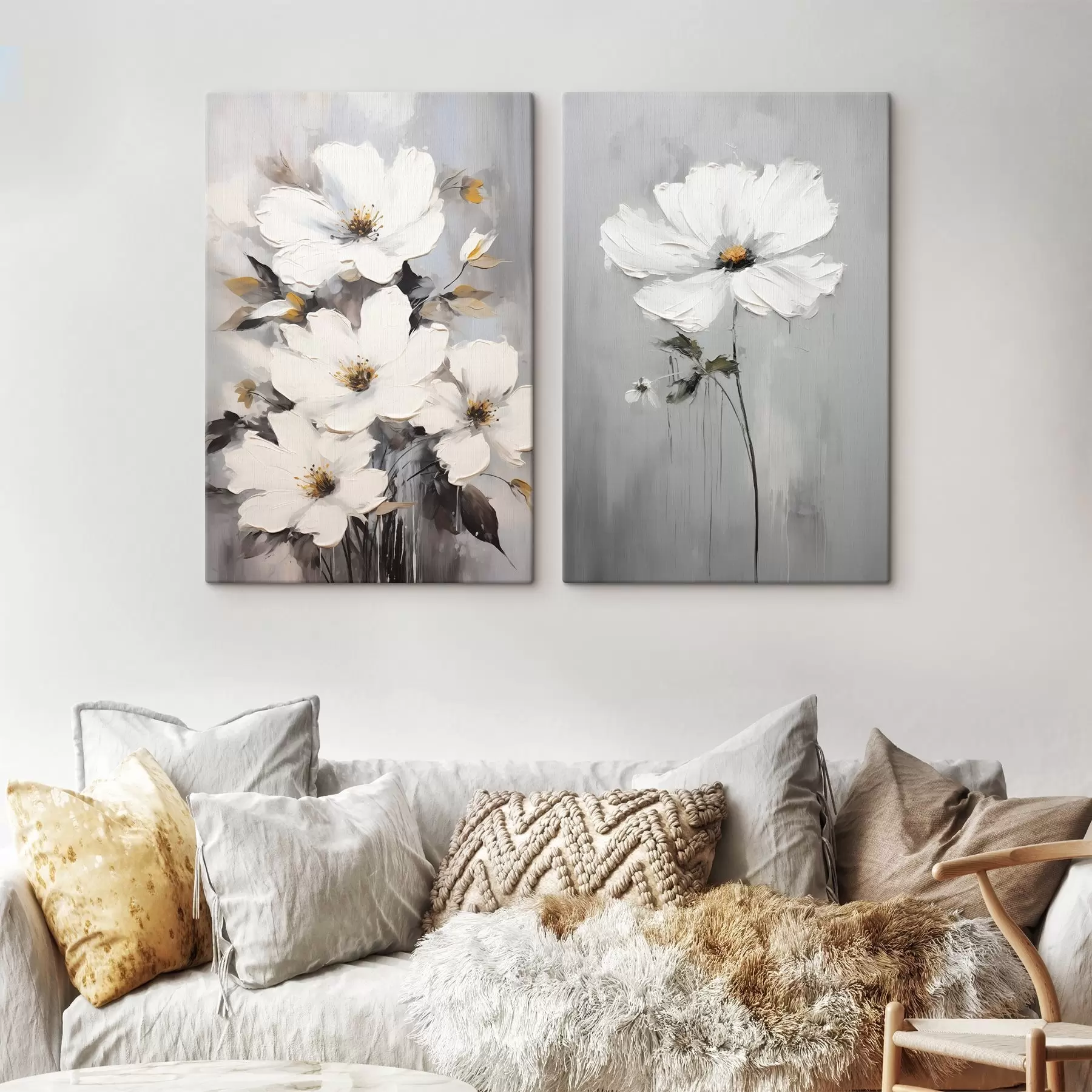  Schilderijen Artistieke compositie met witte bloemen en gestructureerd oppervlak in minimalistische stijl m00574