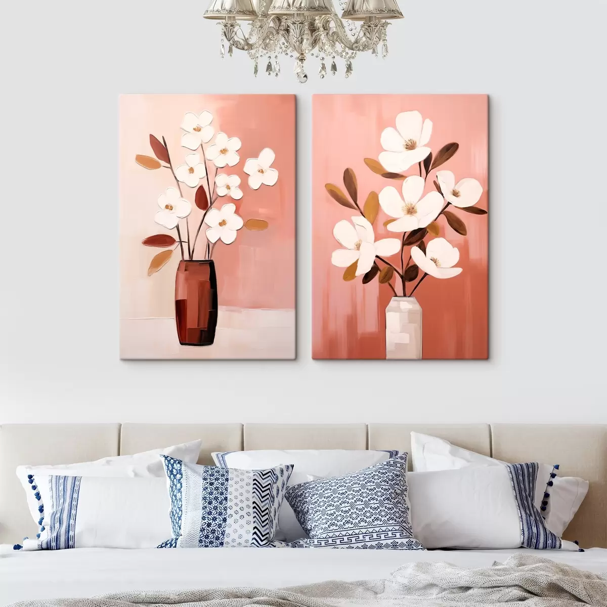  Schilderijen Compositie met contrasterende vazen en witte bloemen met structuur m00575