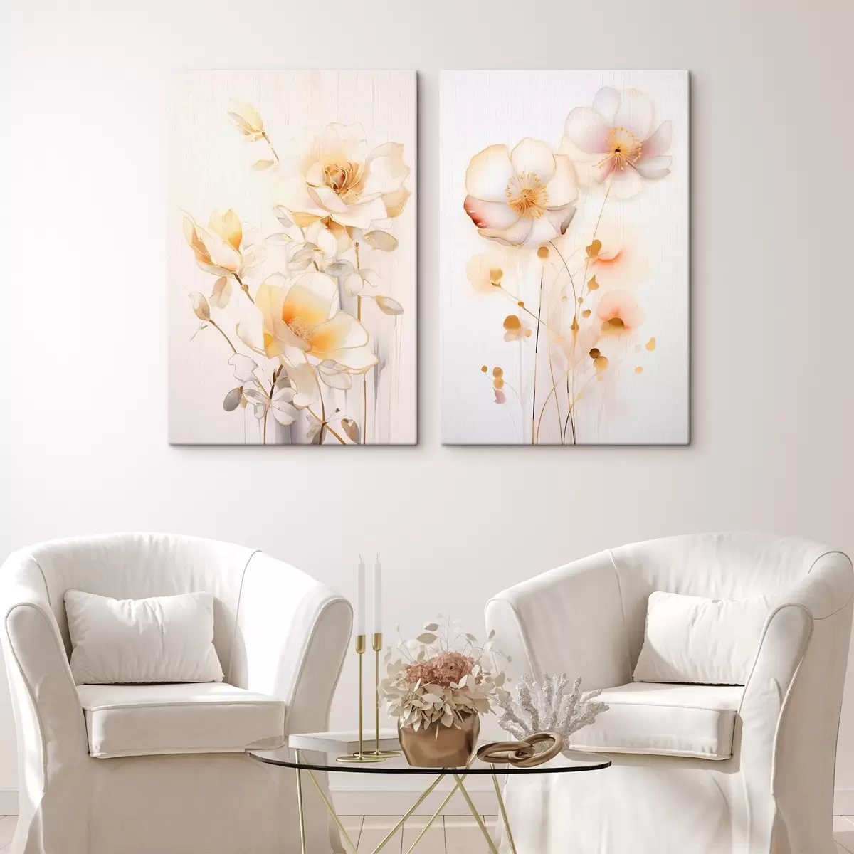  Schilderijen Bloemenduet: zacht tweeluik in aquarelstijl met elegante lijnen m00577