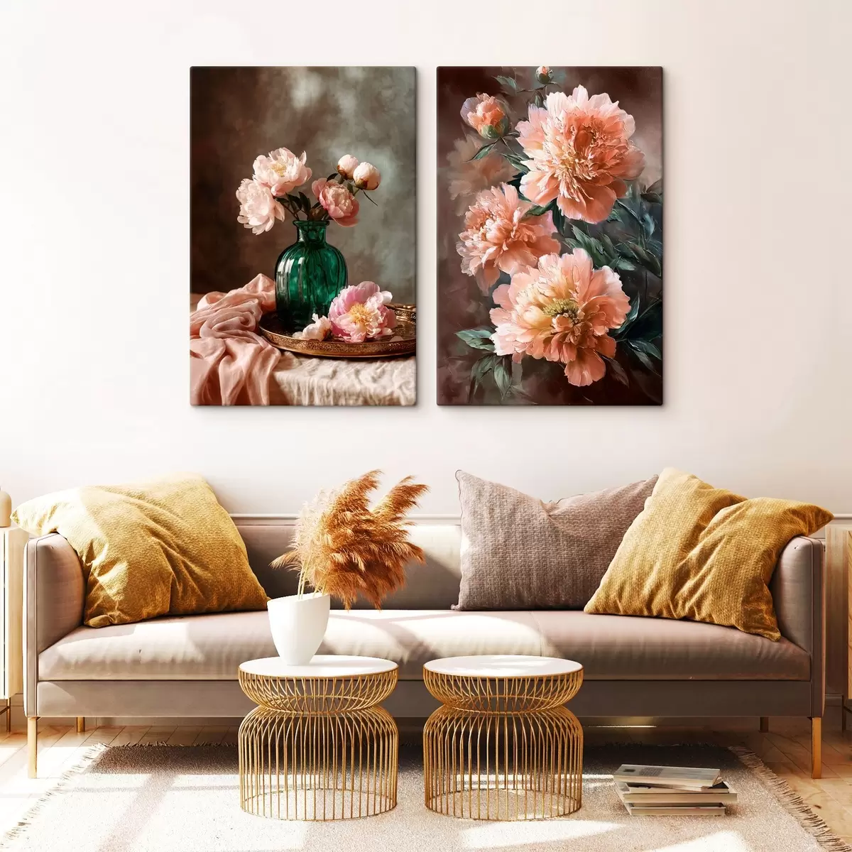  Schilderijen Gepaarde compositie met roze pioenrozen in een vaas en op canvas m00578