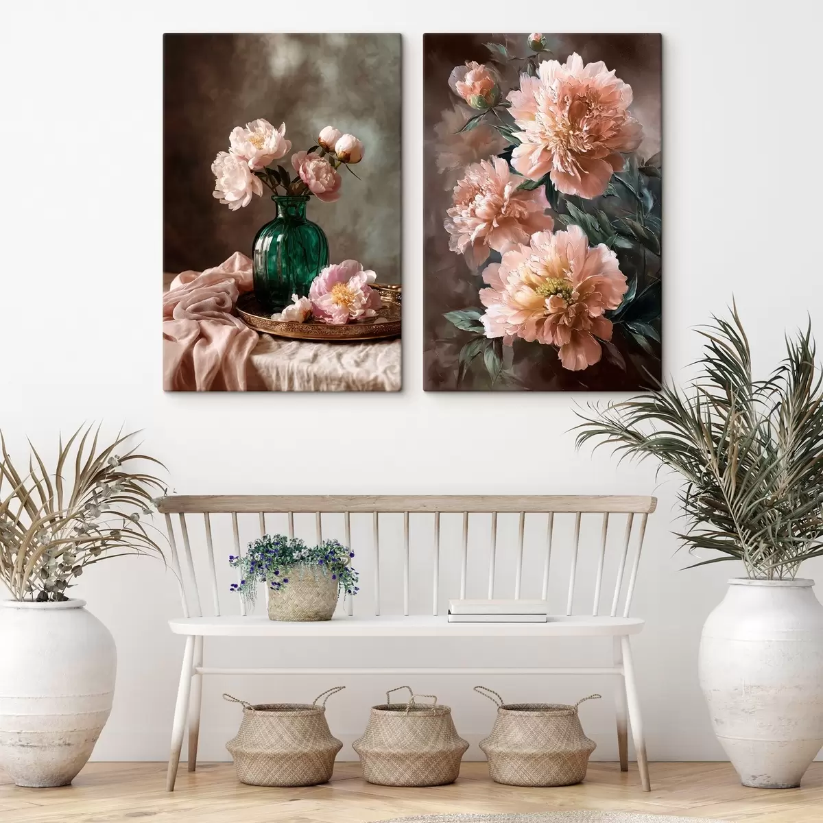  Schilderijen Gepaarde compositie met roze pioenrozen in een vaas en op canvas m00578