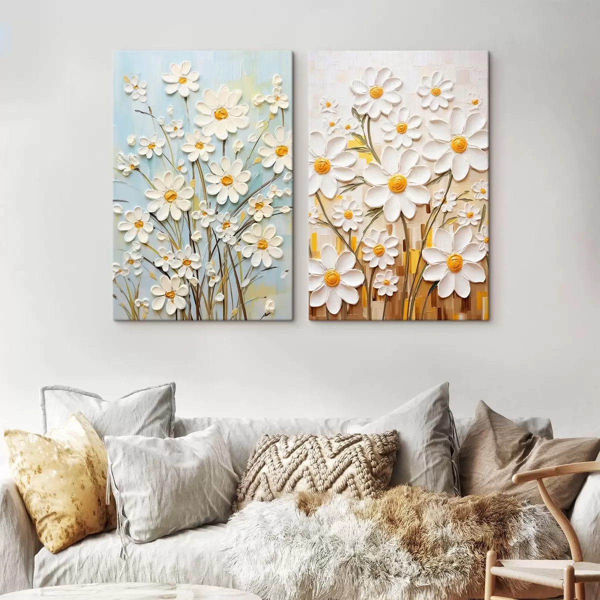  Schilderijen Zonnige bloemen: kunstduet met volumetrische margrieten en gele accenten m00580