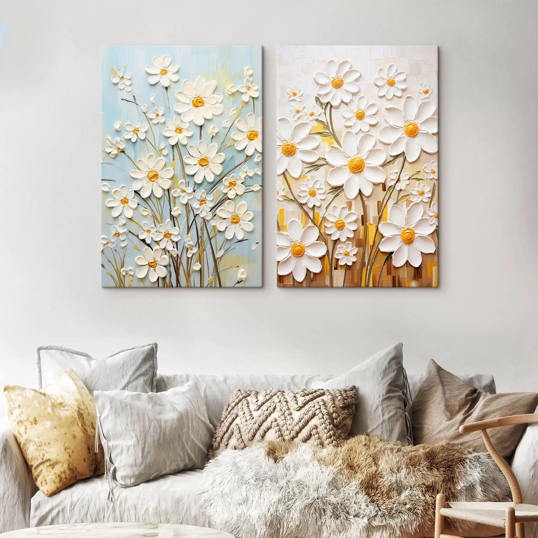 Schilderijen Zonnige bloemen: kunstduet met volumetrische margrieten en gele accenten m00580