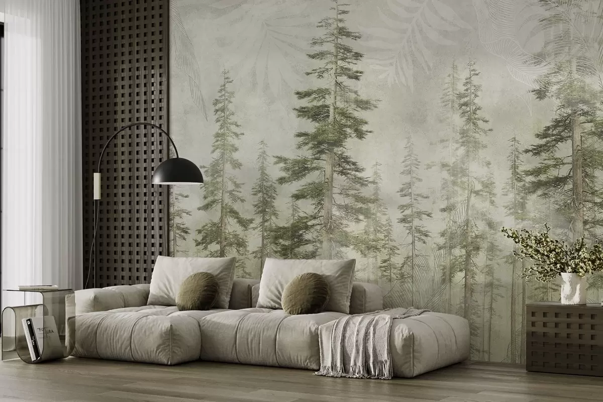 Fotobehang Dennenbos met vintage papierstructuur en fijne patronen w04342