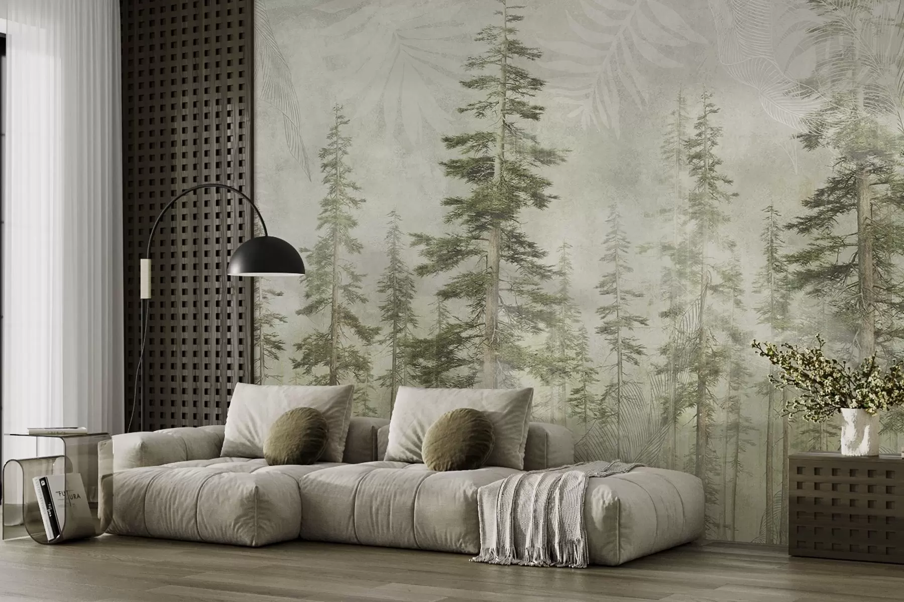 Fotobehang Dennenbos met vintage papierstructuur en fijne patronen w04342