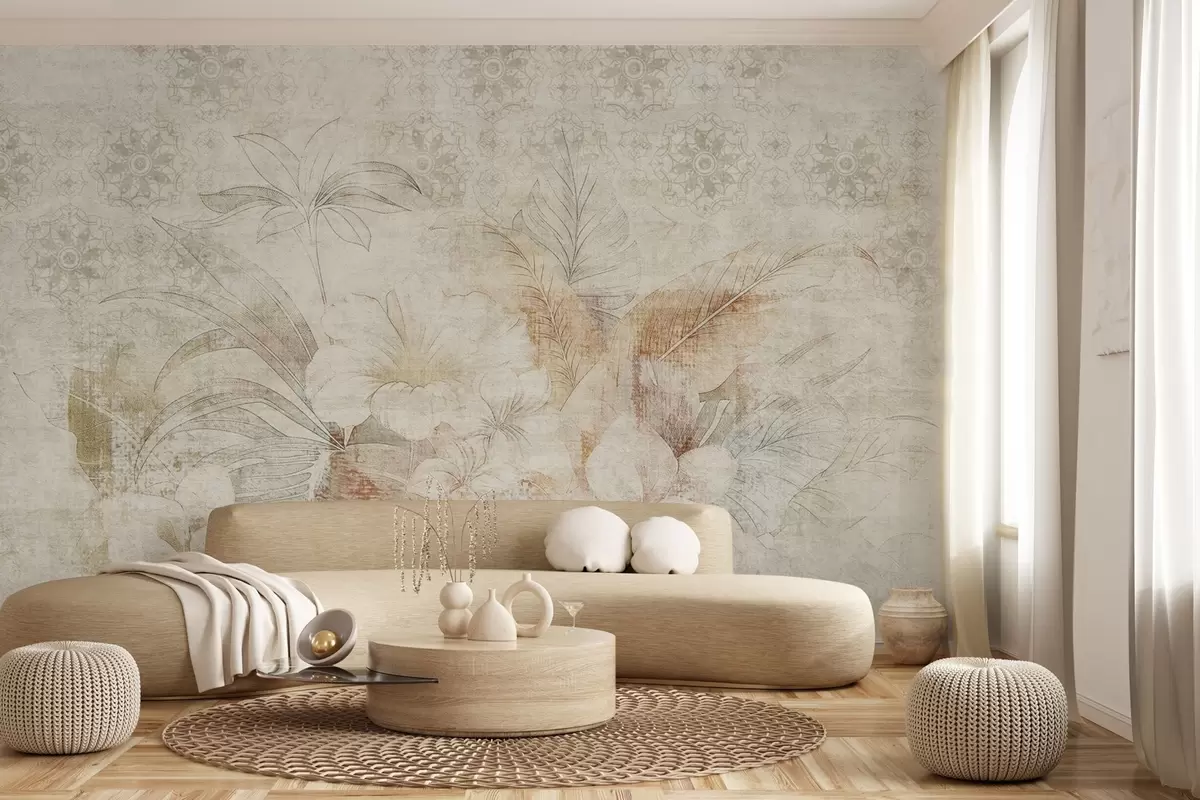 Fotobehang Bloemen en bladeren op gestructureerde achtergrond met ornamenten w04343