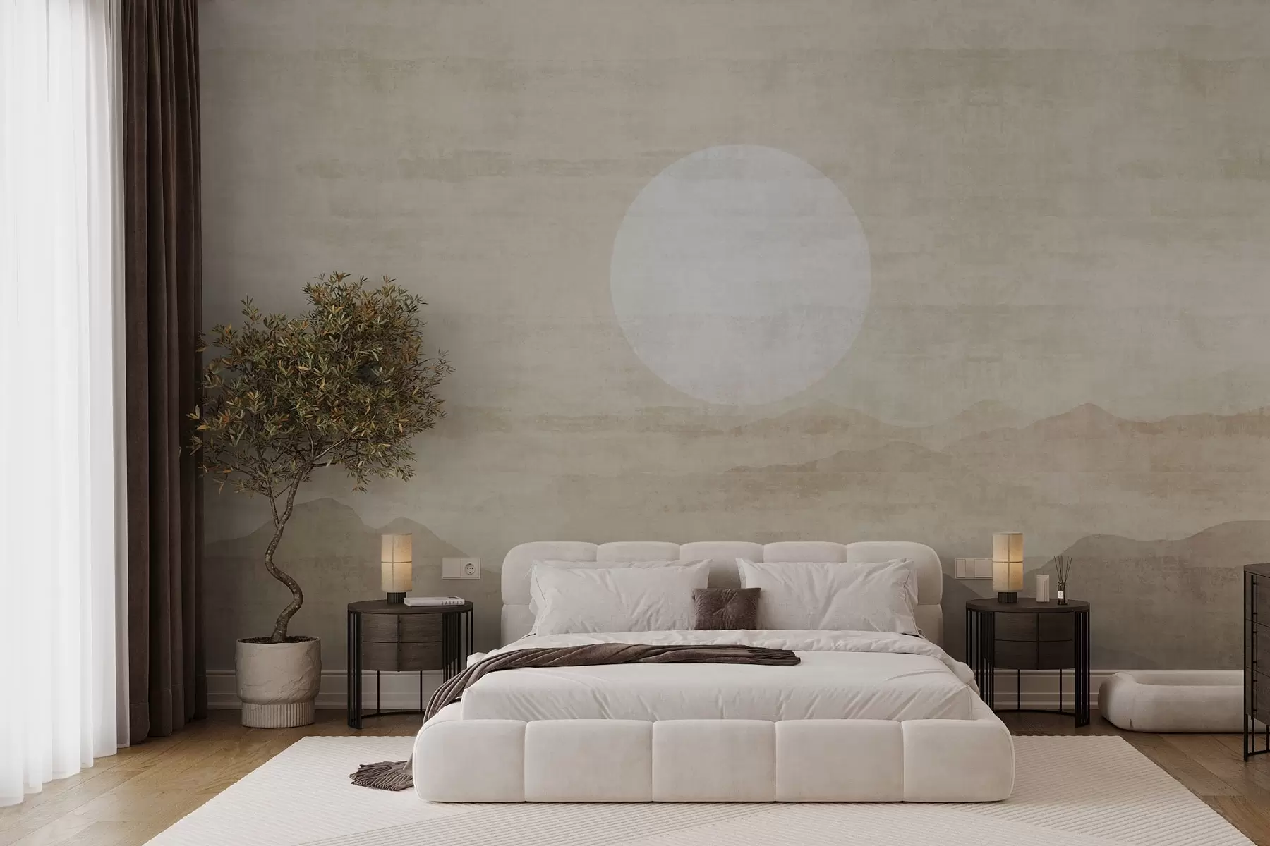 Fotobehang Minimalistisch berglandschap met grote witte zon w04345