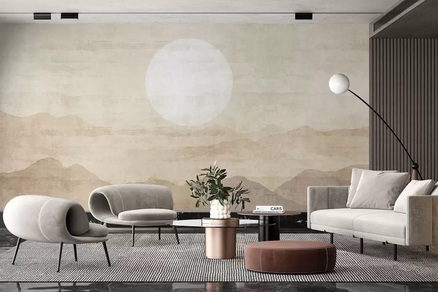 Fotobehang Minimalistisch berglandschap met grote witte zon w04345