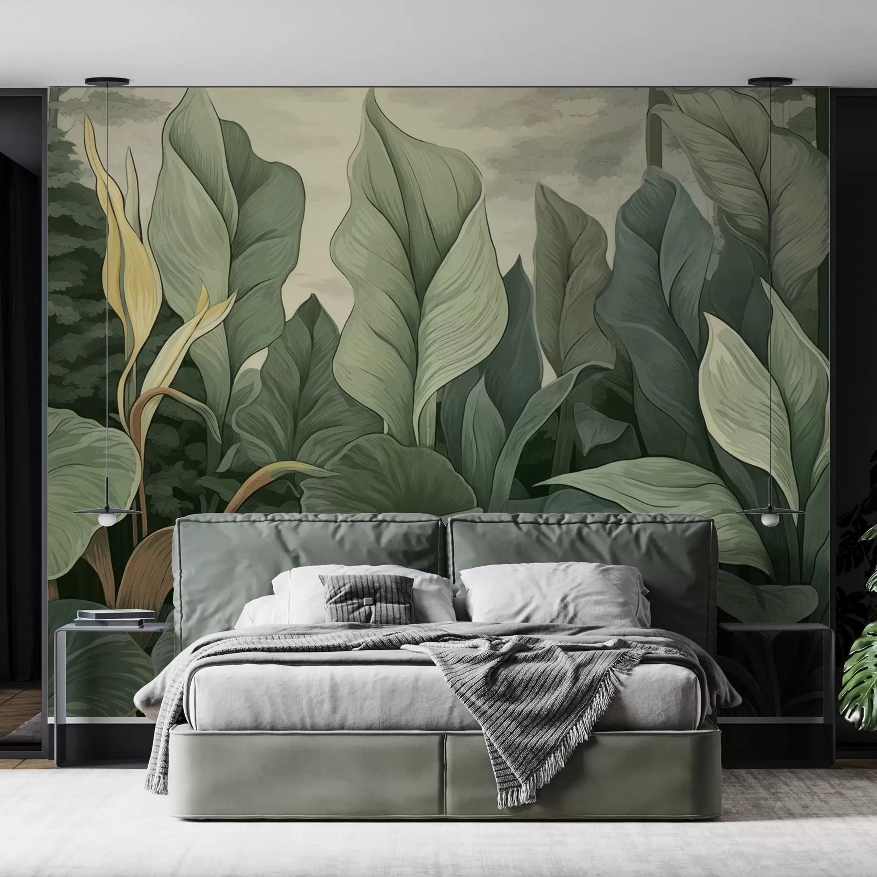 Fotobehang Illustratie van tropische planten in botanische stijl w04347