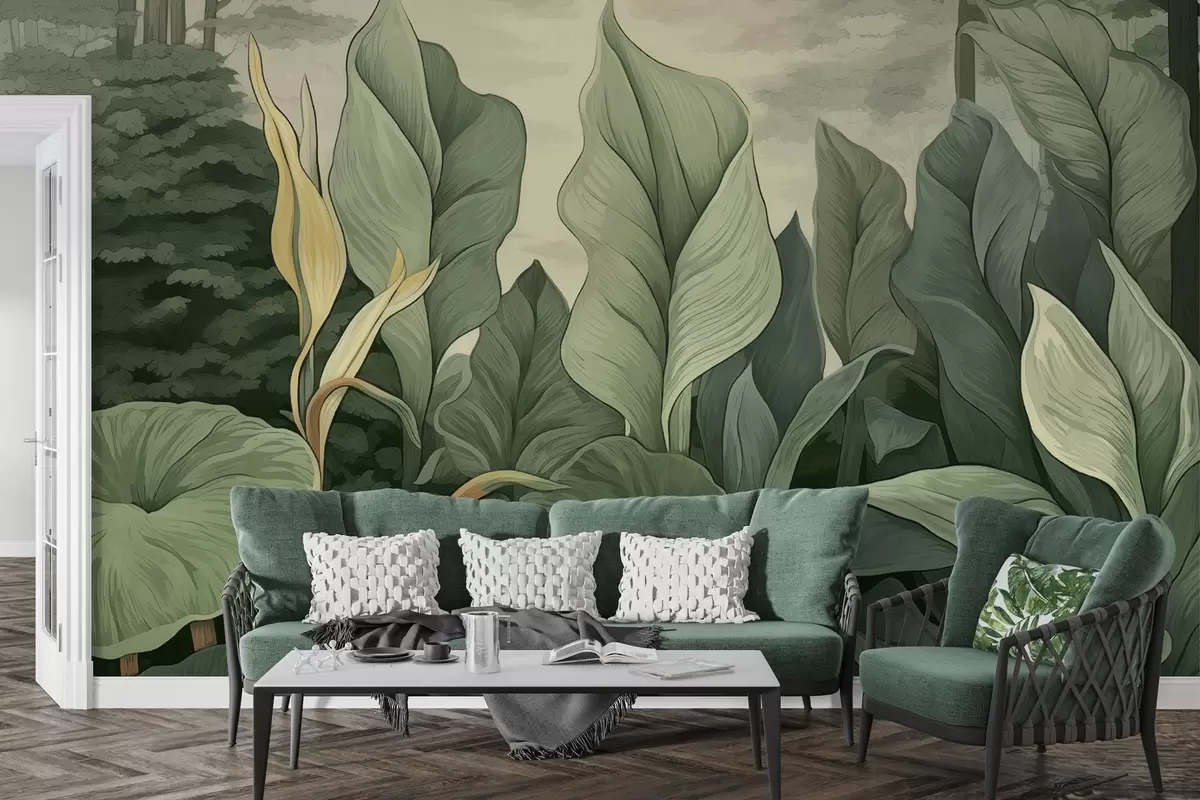 Fotobehang Illustratie van tropische planten in botanische stijl w04347