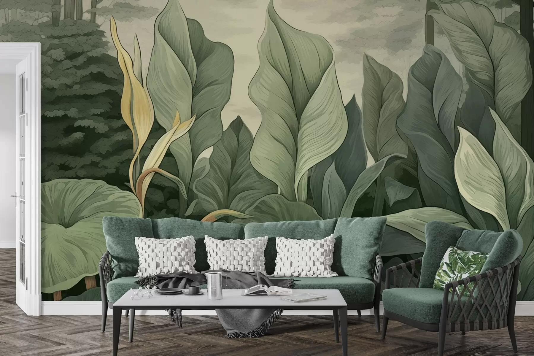 Fotobehang Illustratie van tropische planten in botanische stijl w04347