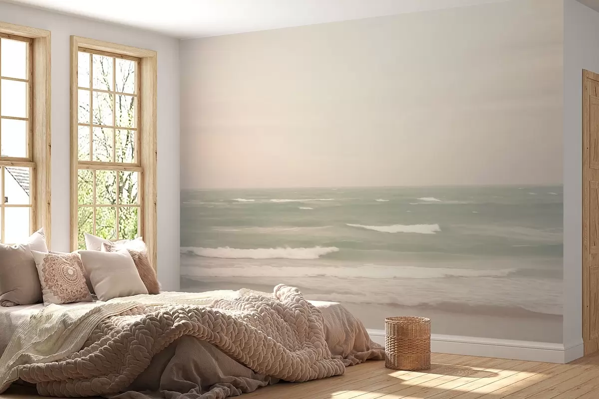Fotobehang Zacht roze-groen zeegezicht met zachte golven w04348