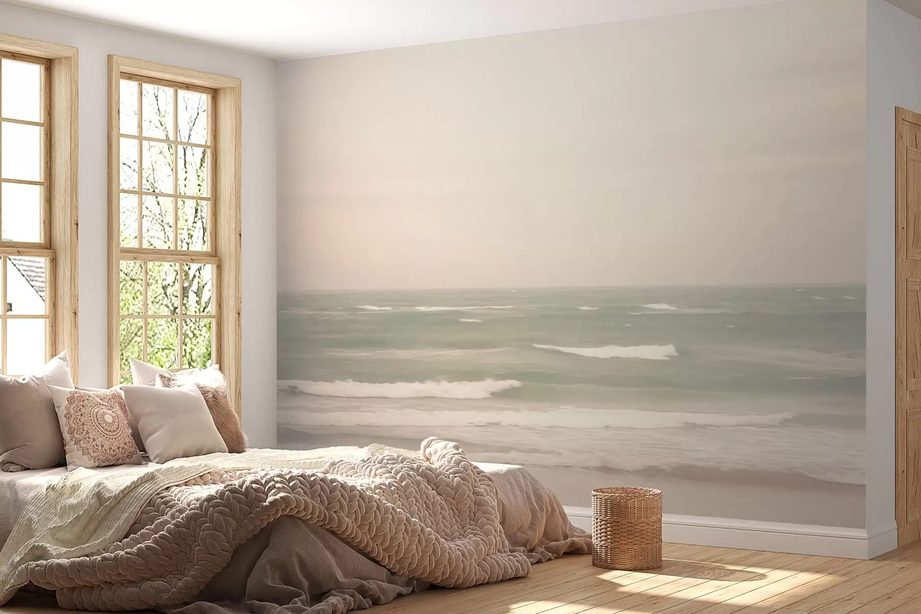 Fotobehang Zacht roze-groen zeegezicht met zachte golven w04348