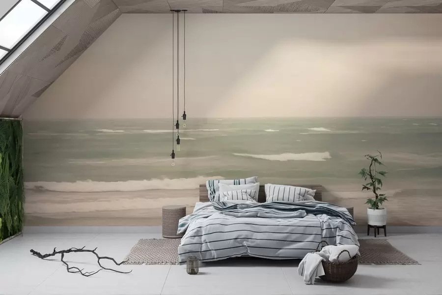 Fotobehang Zacht roze-groen zeegezicht met zachte golven w04348