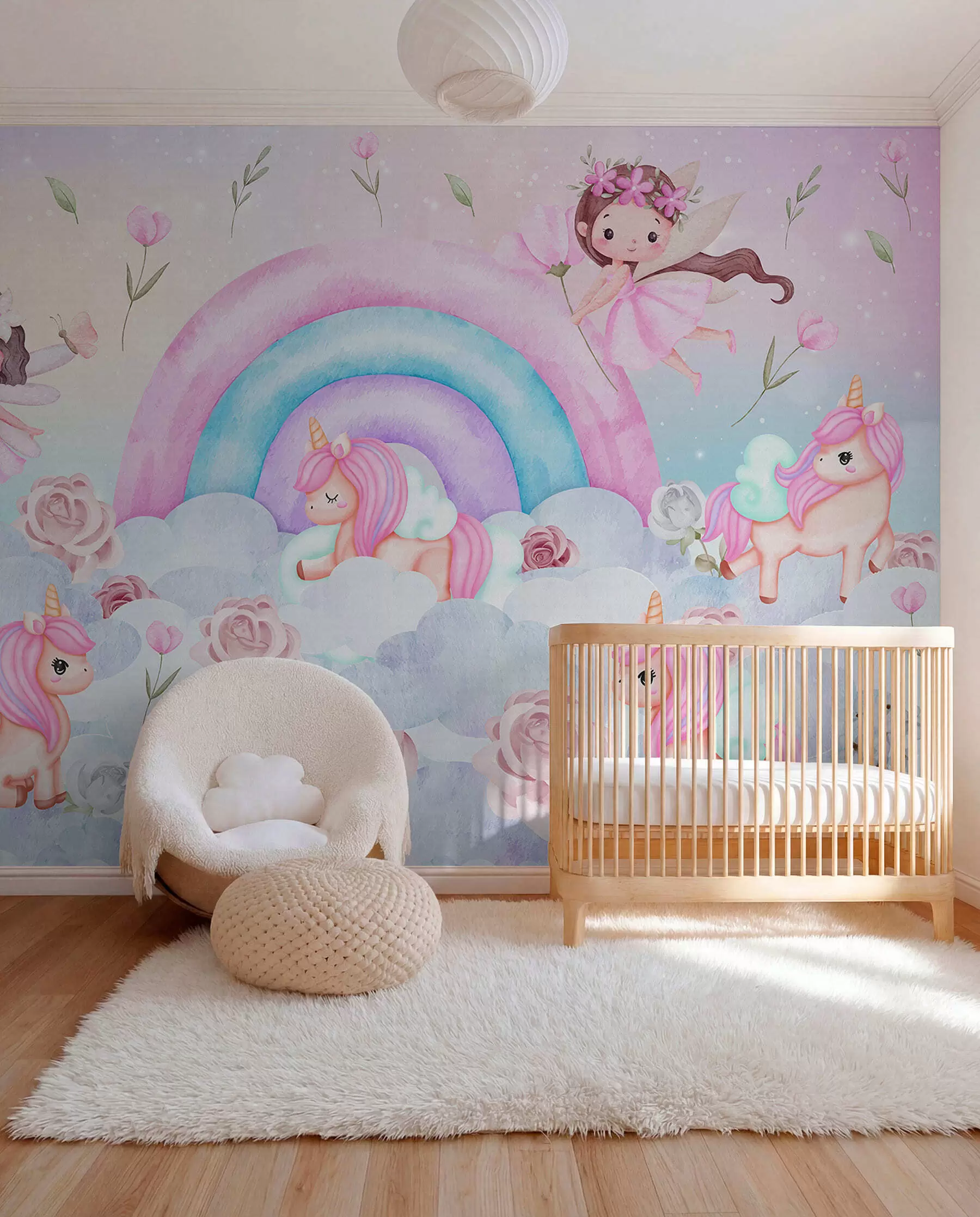 Fotobehang Feeën en eenhoorns tussen wolken en regenbogen w04371