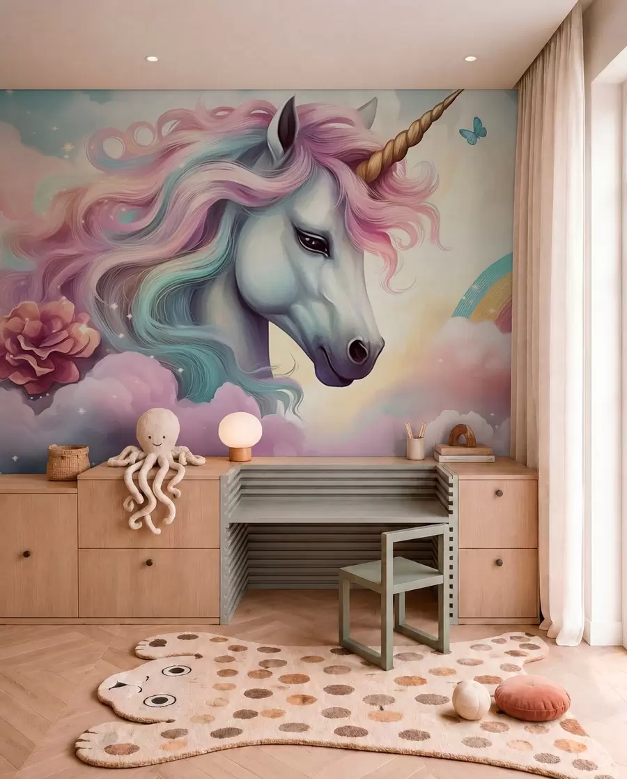 Fotobehang Eenhoorn in een bewolkte hemel met een regenboog w04372