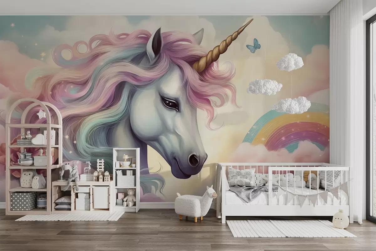 Fotobehang Eenhoorn in een bewolkte hemel met een regenboog w04372