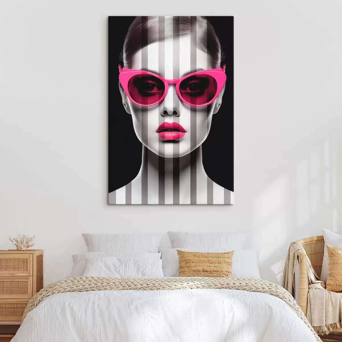  Schilderijen Vrouw met roze bril met zwarte en witte strepen s45315