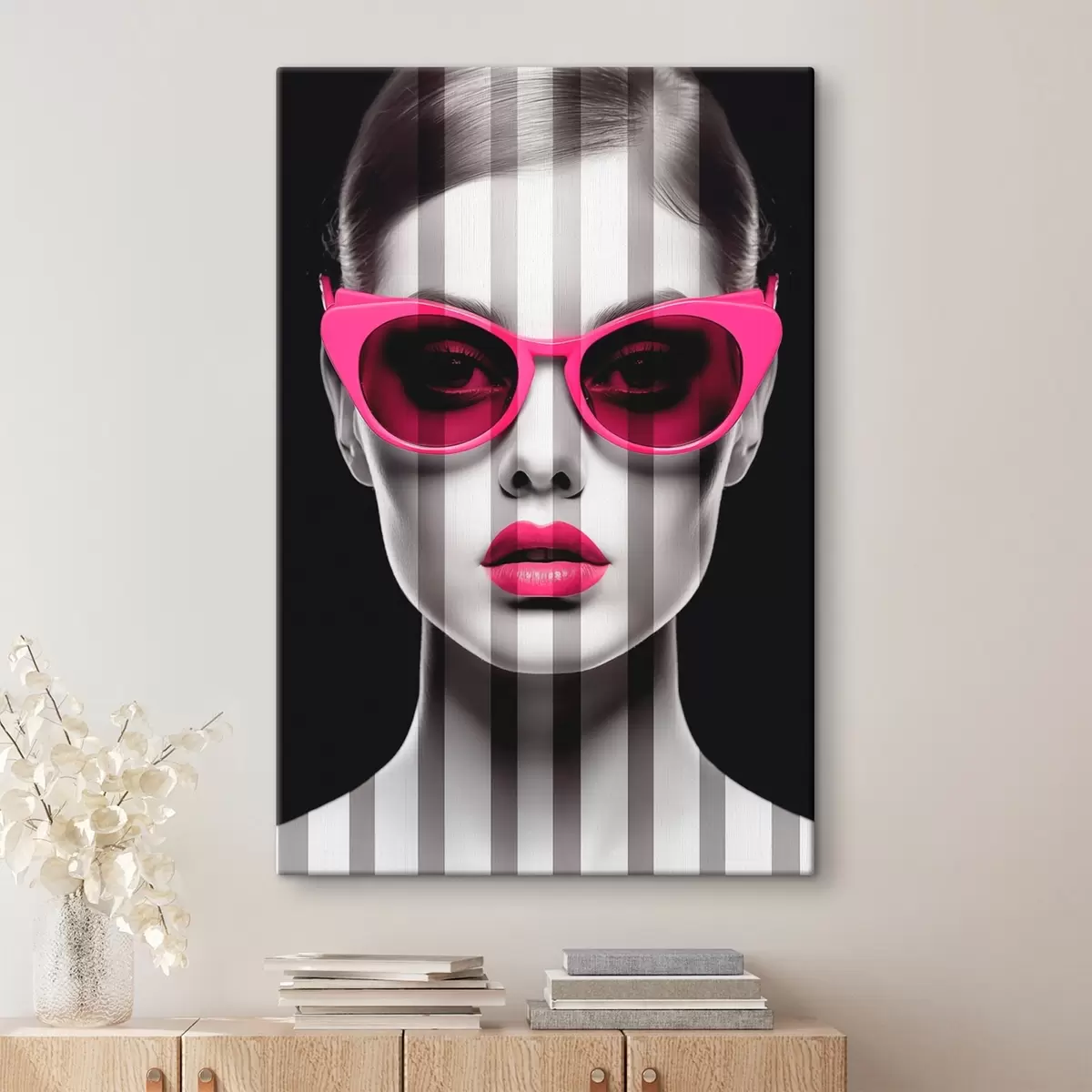  Schilderijen Vrouw met roze bril met zwarte en witte strepen s45315