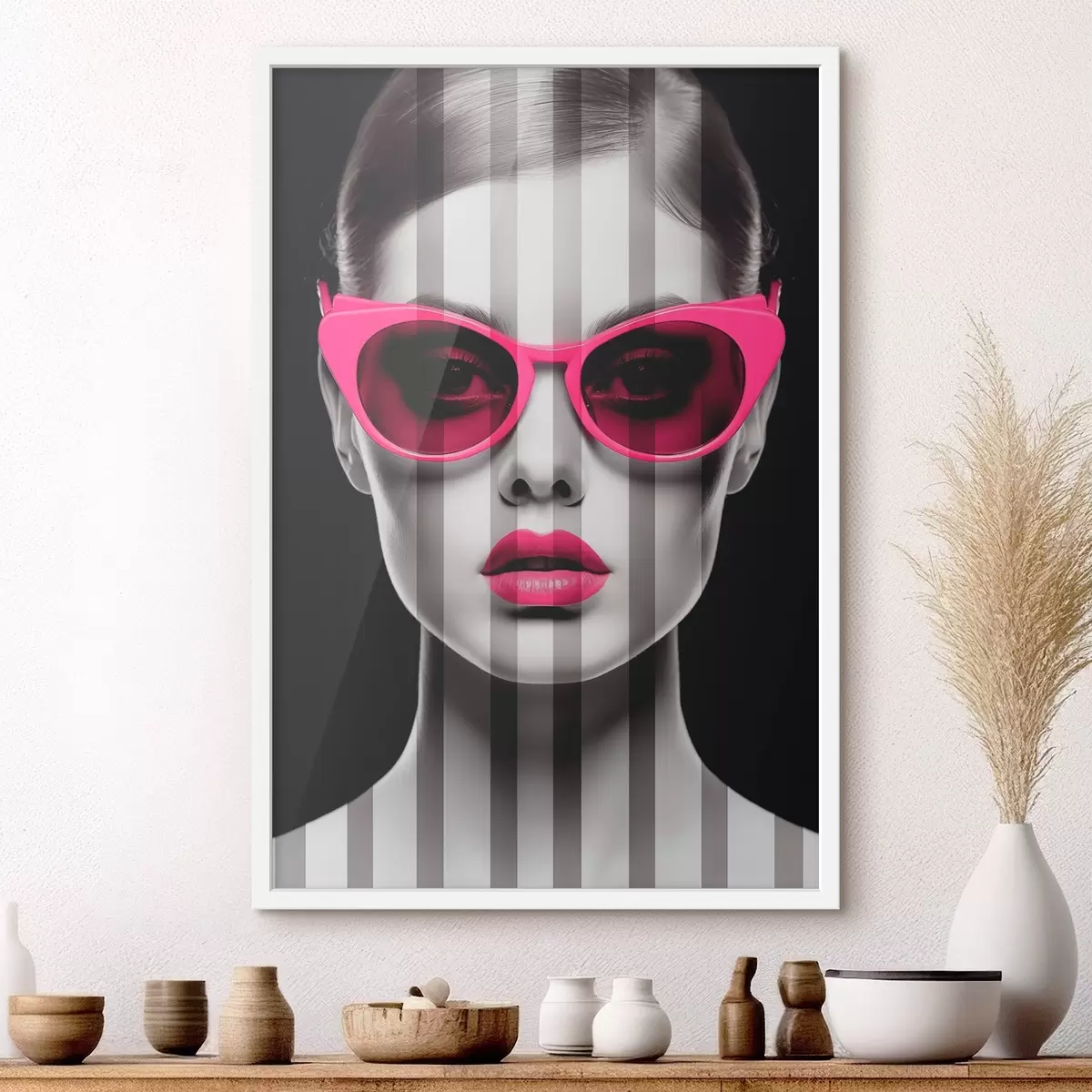 Poster Vrouw met roze bril met zwarte en witte strepen f45315