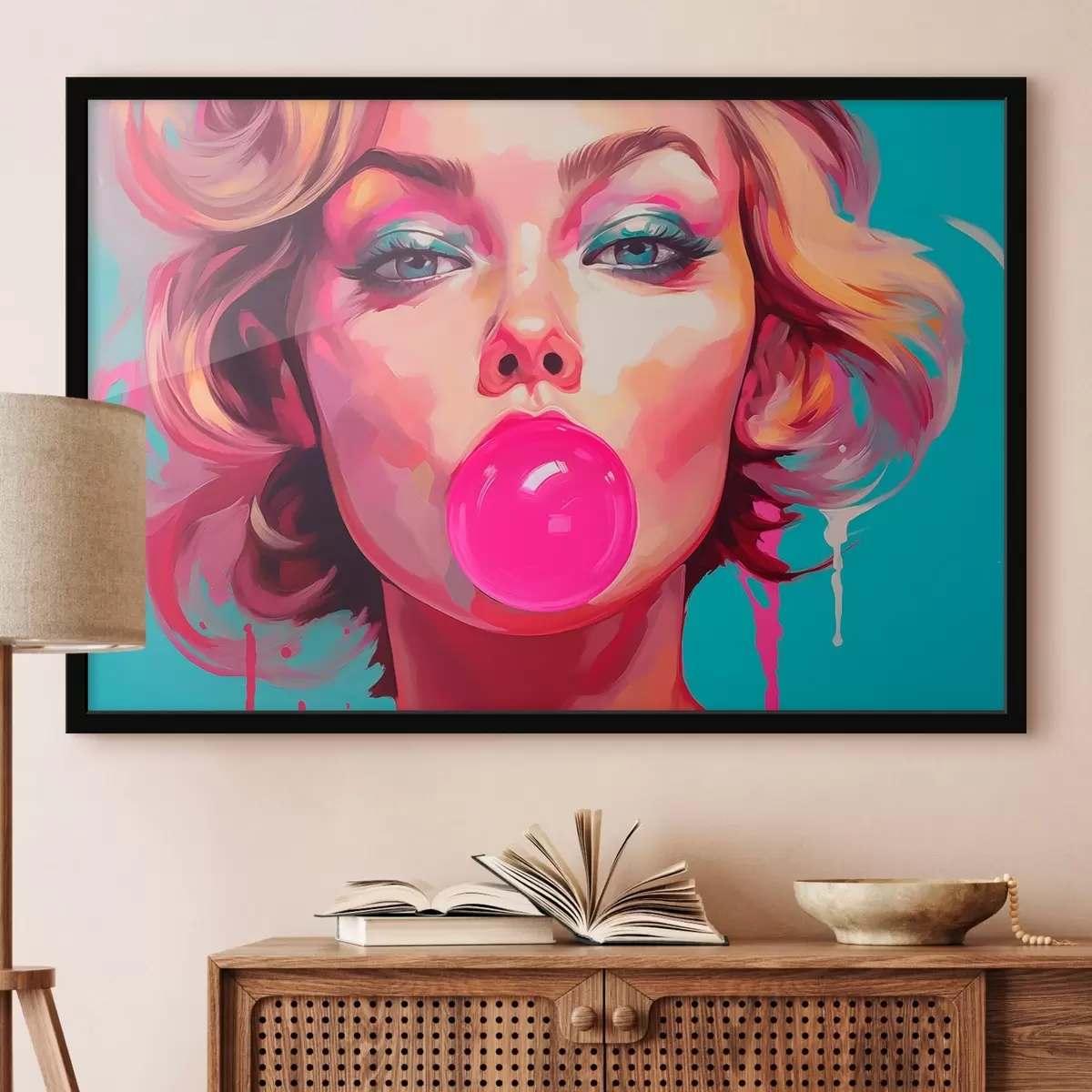 Poster Meisje met roze kauwgom f45321