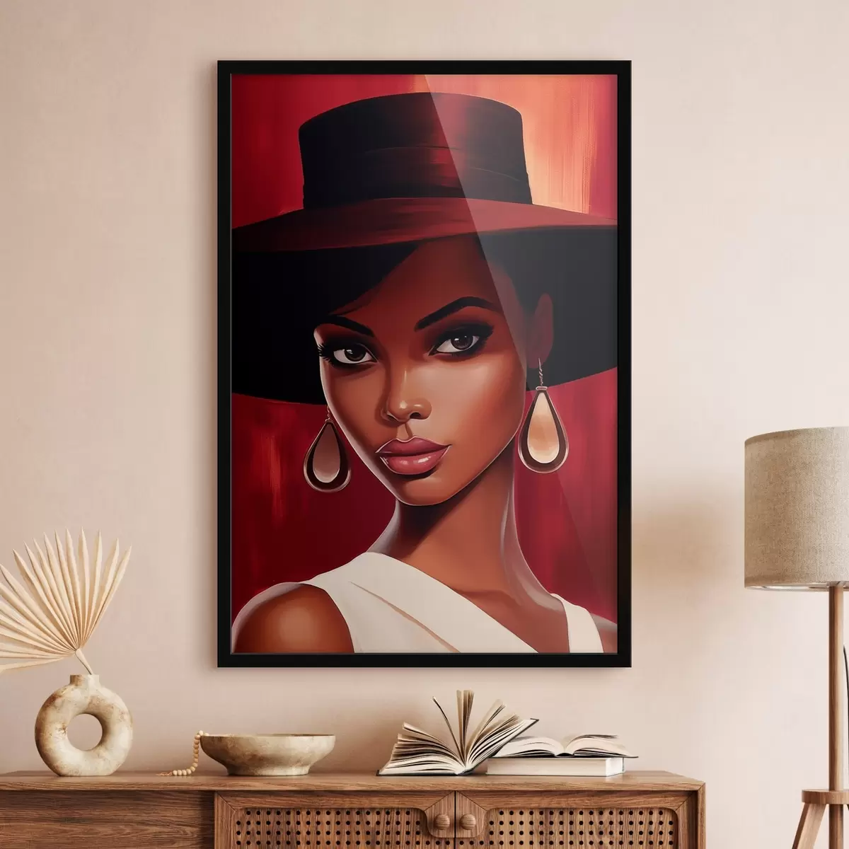 Poster Vrouw met hoed en oorbellen f45322
