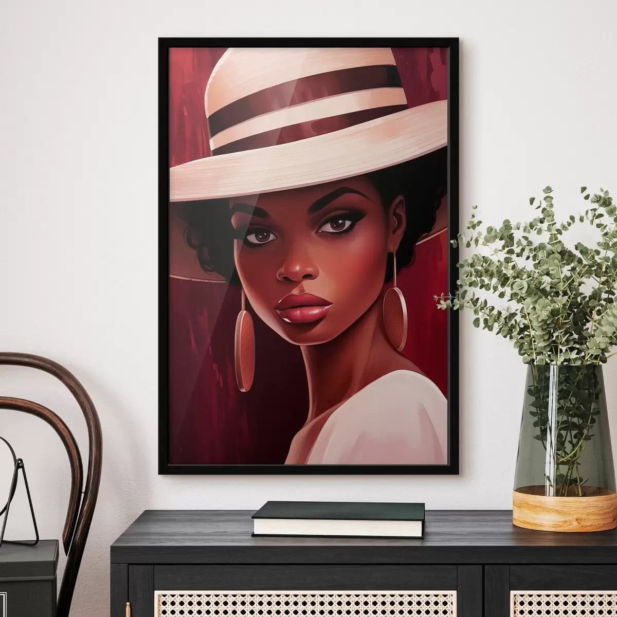Poster Vrouw met lichtgekleurde hoed en ronde oorbellen f45323