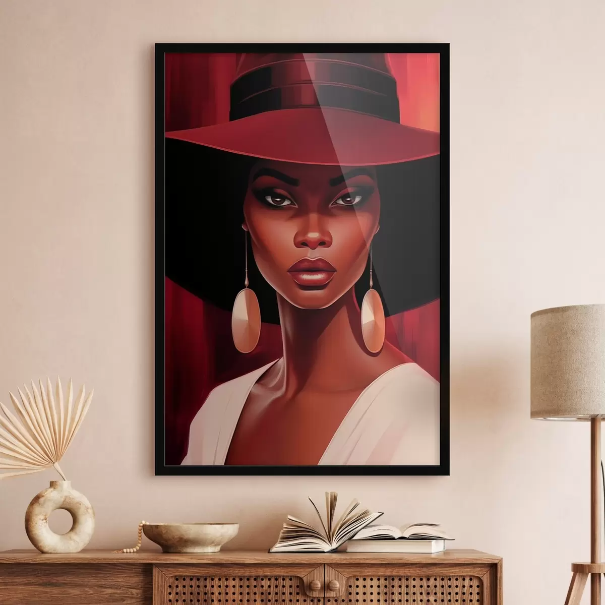 Poster Vrouw met hoed en ronde oorbellen f45325