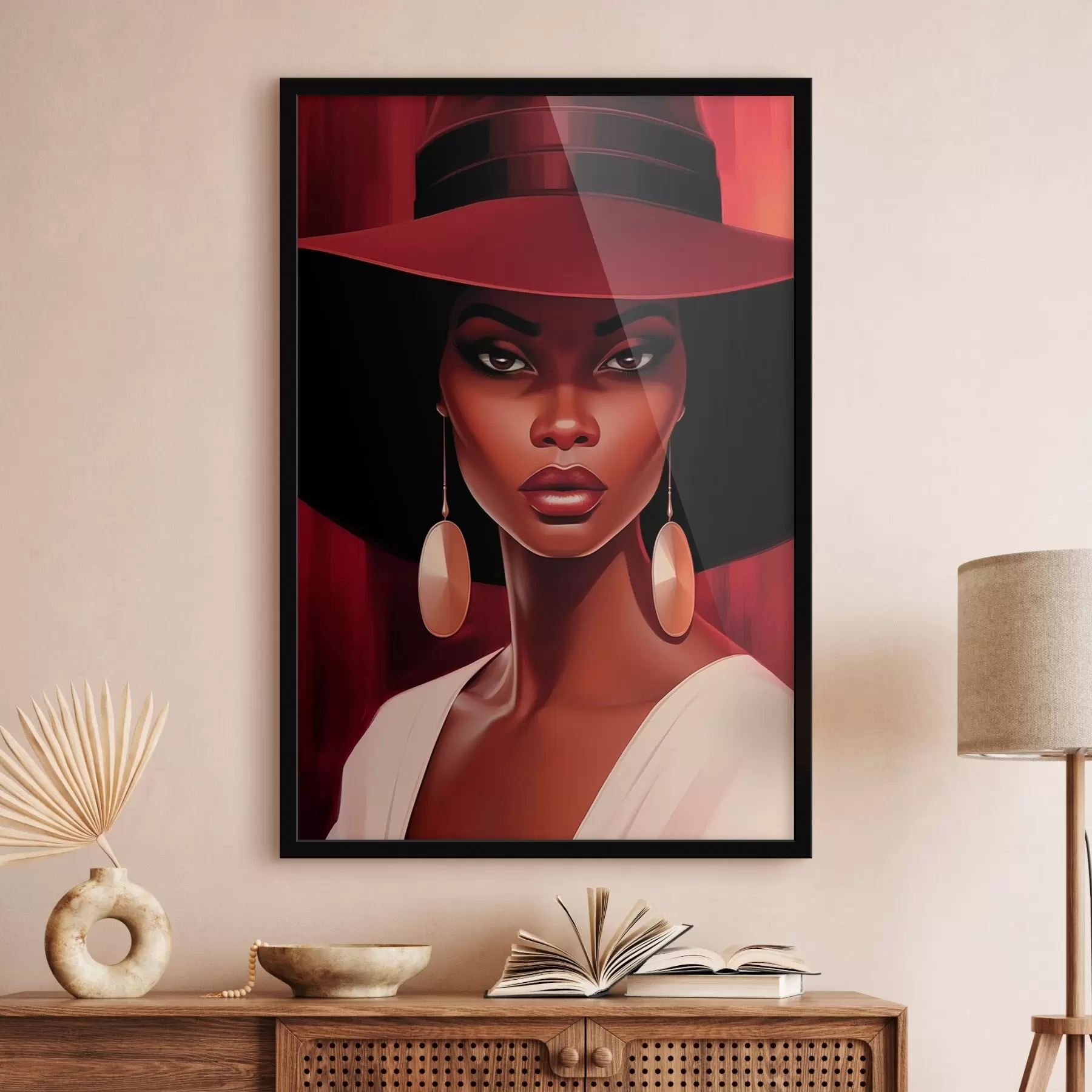 Fotobehang Vrouw met hoed en ronde oorbellen f45325