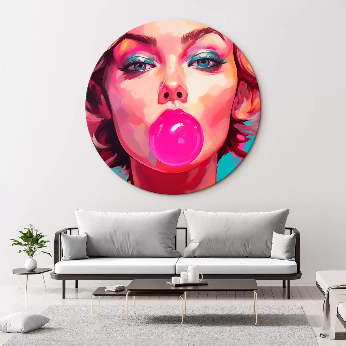 Ronde schilderijen Meisje met roze kauwgom r45321
