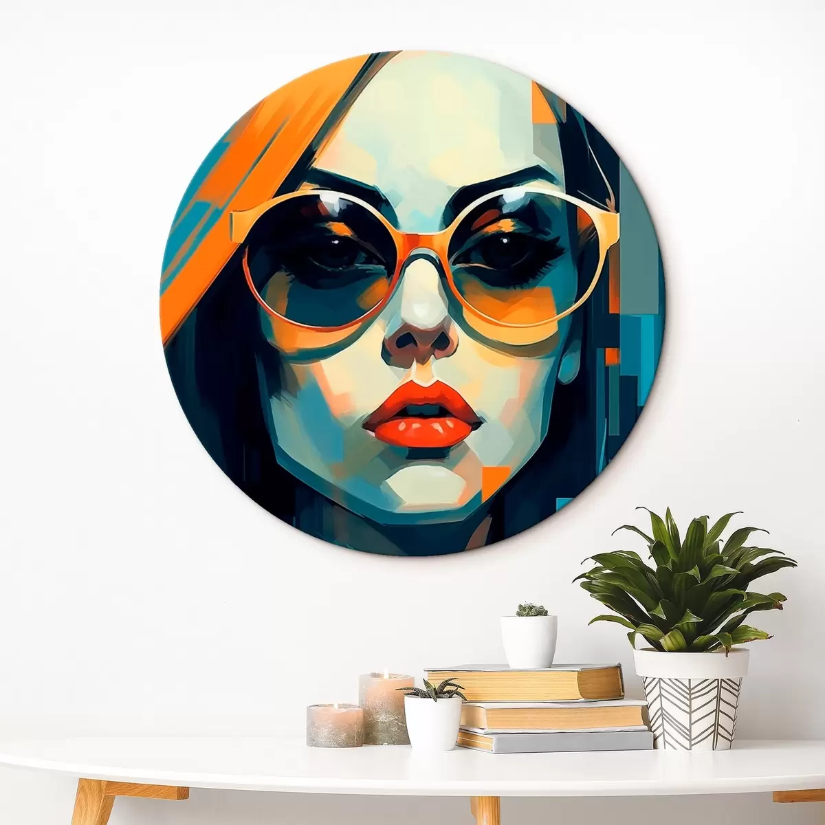 Ronde schilderijen Vrouw met zonnebril in digitale pop-artstijl r45327