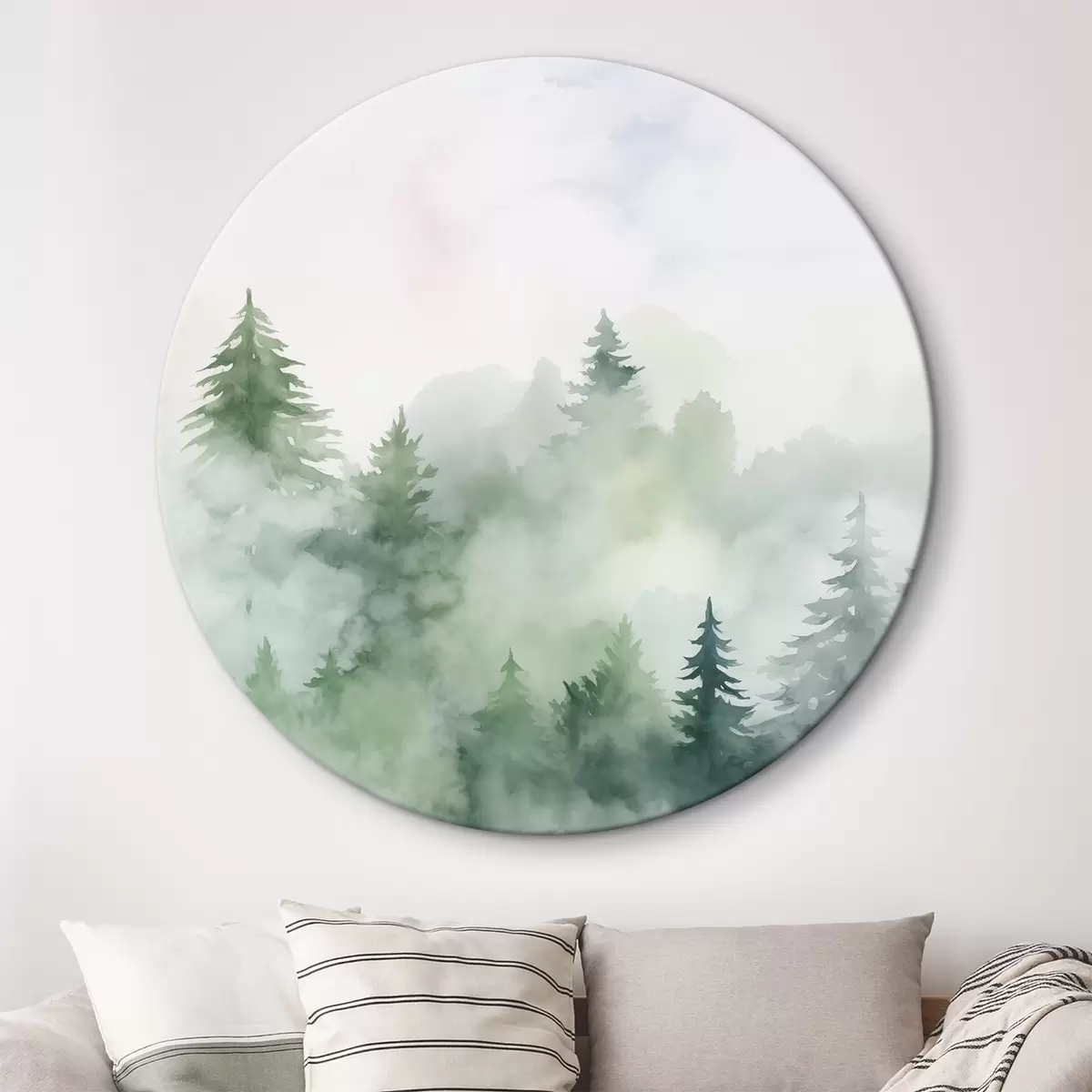 Ronde schilderijen Bos in mist imitatie van aquarel r45343