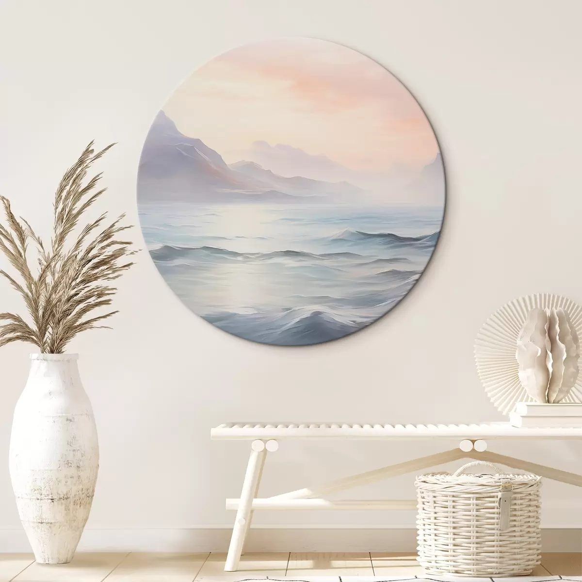 Ronde schilderijen Meer in de buurt van de bergen imitatie van het schilderij r45344