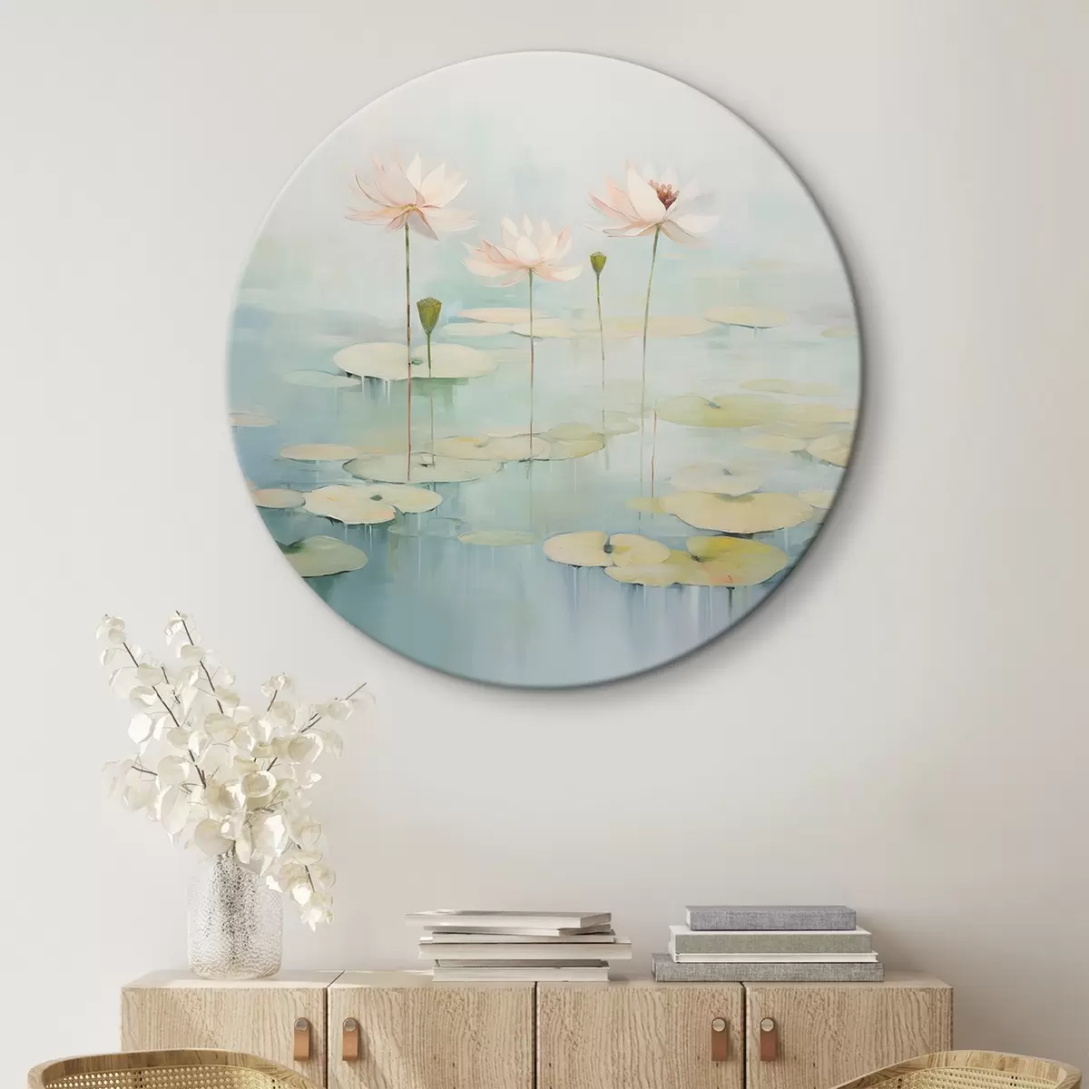 Ronde schilderijen Lotusbladeren en bloemen op de vijver r45350