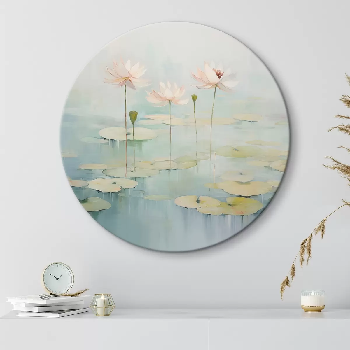 Ronde schilderijen Lotusbladeren en bloemen op de vijver r45350