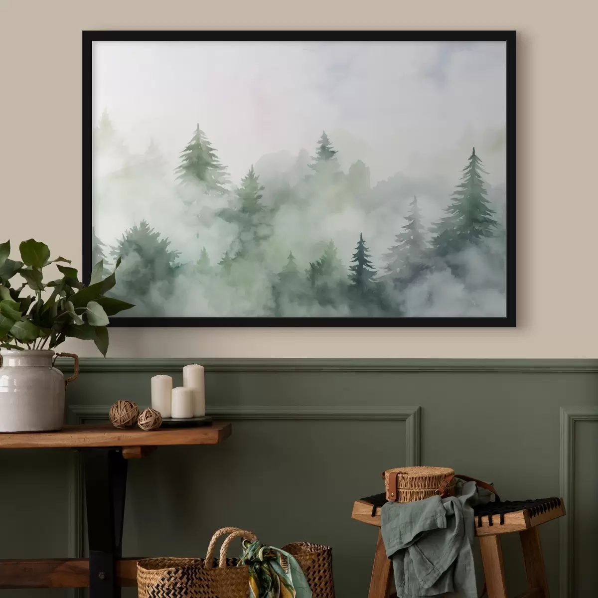 Poster Bos in mist imitatie van aquarel f45343