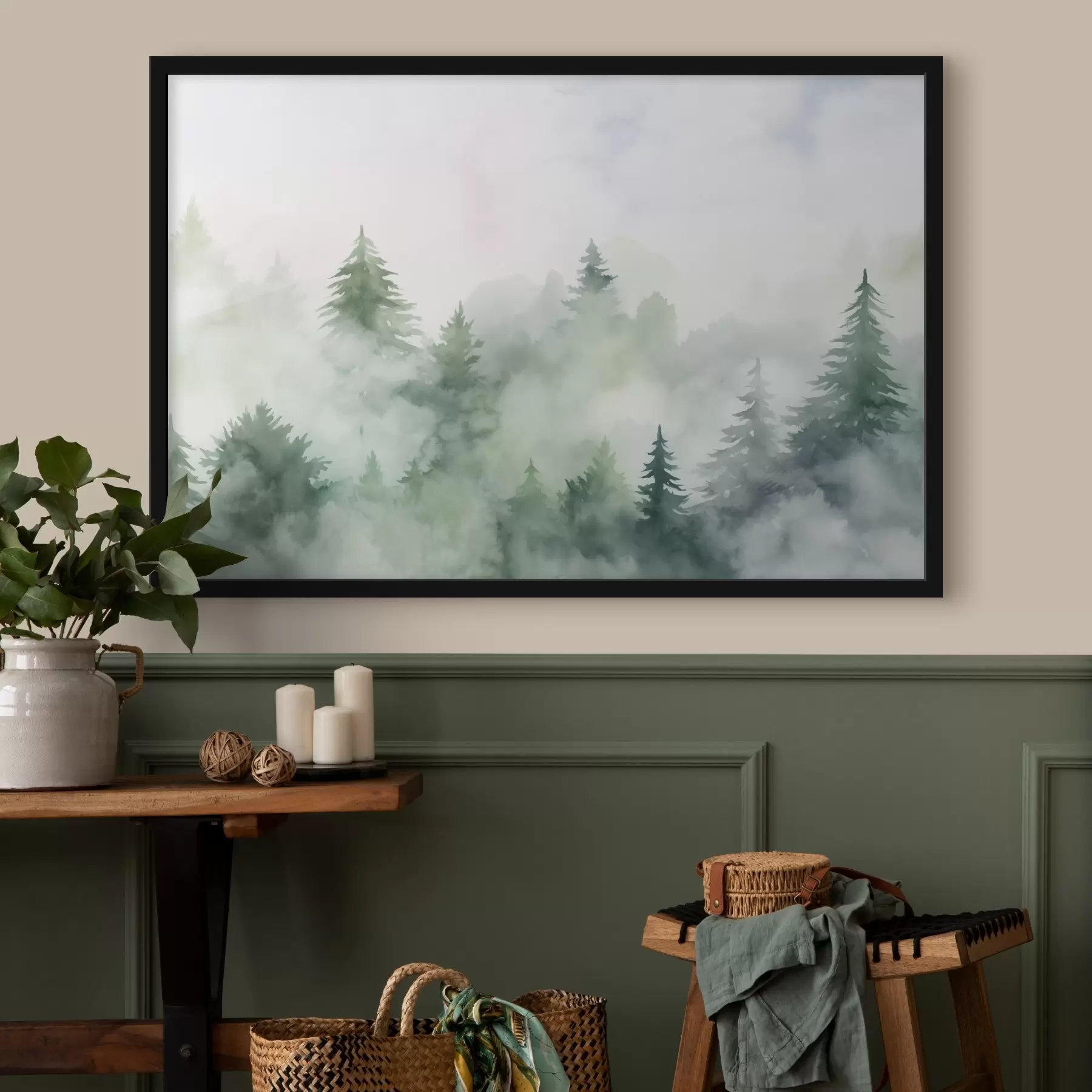 Fotobehang Bos in mist imitatie van aquarel f45343