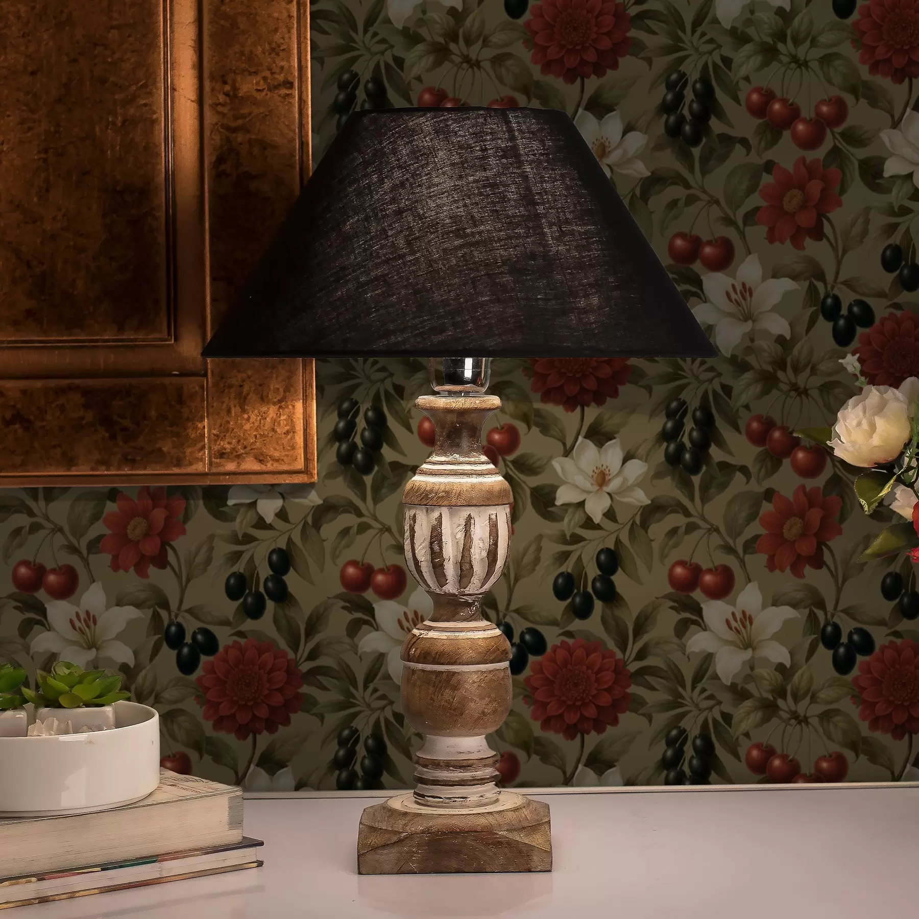 Fotobehang Kersen, bloemen en zwarte olijven a00384