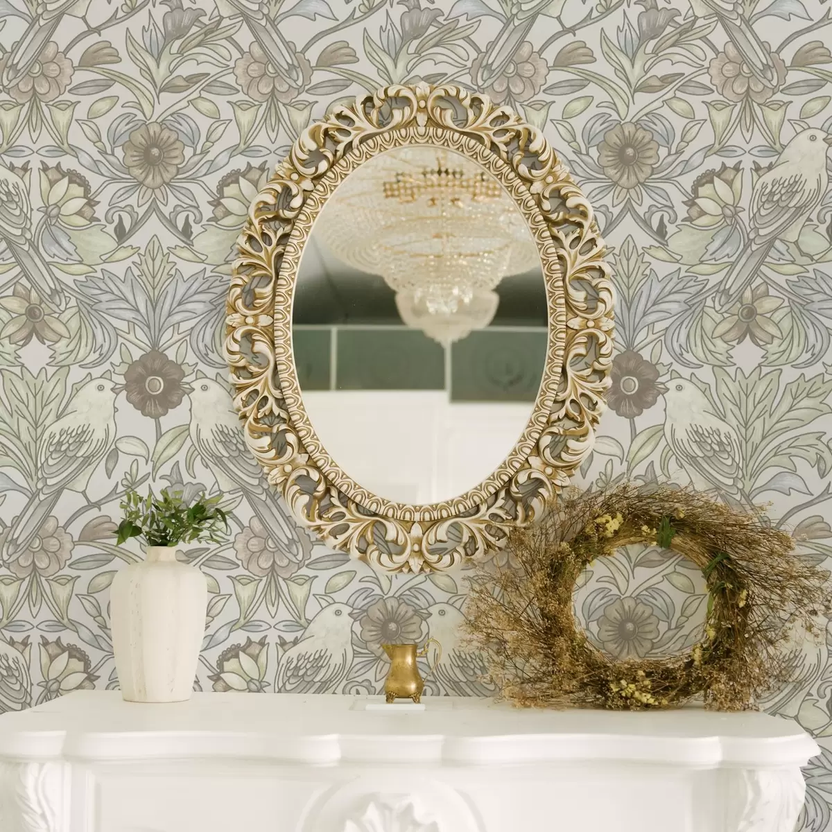 Behang Art Nouveau vogels en pastel gestileerde bloemen a00385
