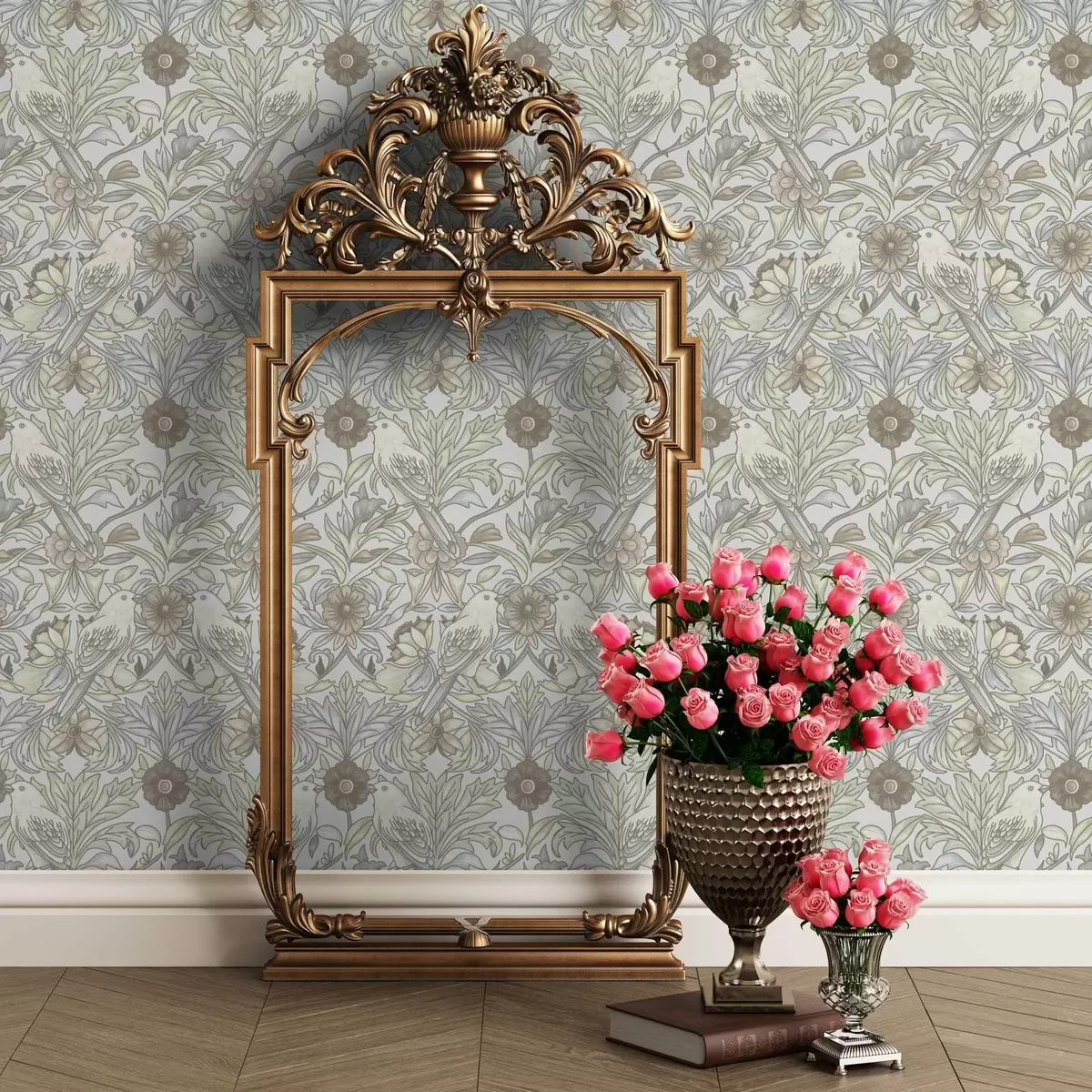 Behang Art Nouveau vogels en pastel gestileerde bloemen a00385