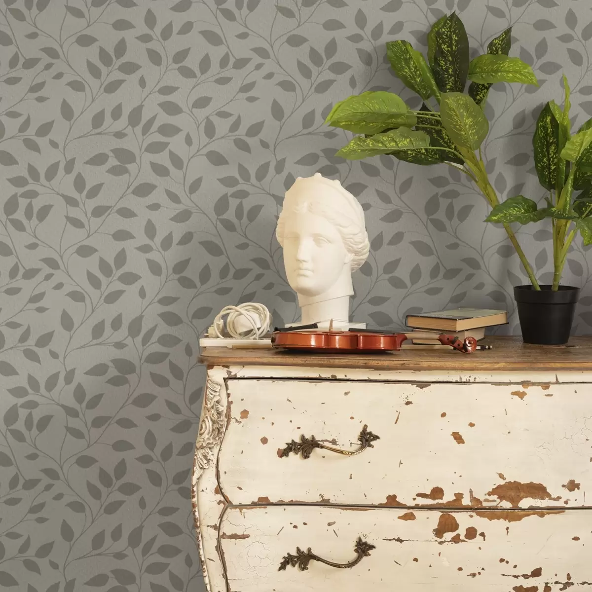 Behang Monochrome wijnranken op een doek met fijne structuur a00386