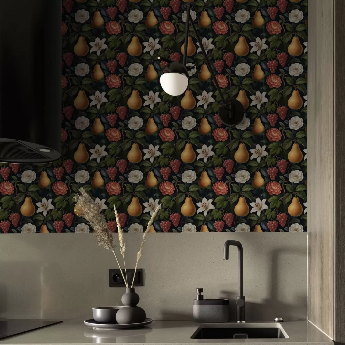 Behang Barok fruit en bloemen op een dramatische donkere achtergrond a00387