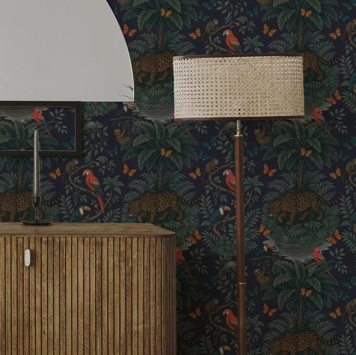 Behang Tropische jungle met luipaard, luipaard, papegaaien en vlinders a00388
